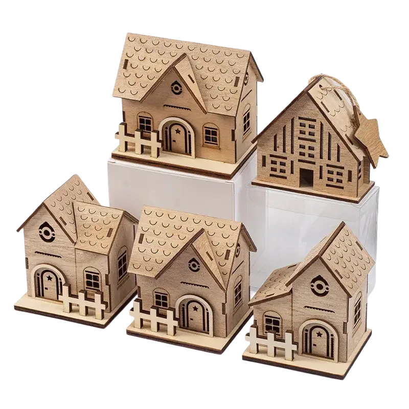 Wooden led christmas village house ornament featuring light brown wooden cutout miniature houses with detailed roofs and fences