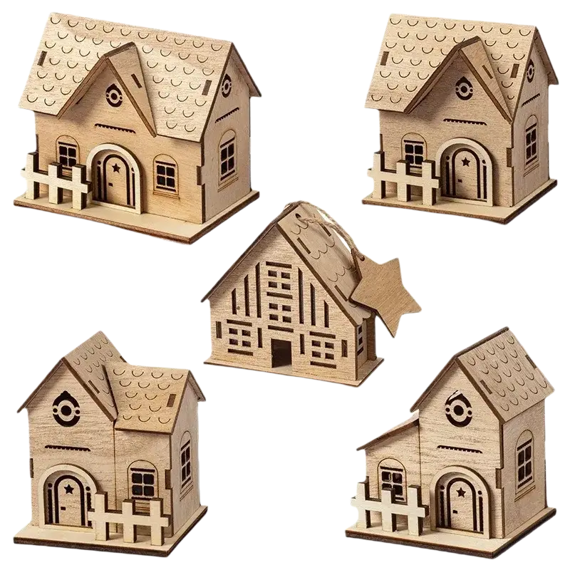 Wooden led christmas village house ornament featuring light-colored wooden miniature houses with detailed cut-out windows doors and roofs