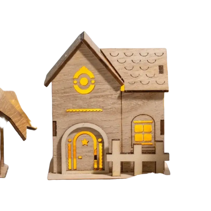 Wooden led christmas village house ornament featuring a charming light-up natural wood finish with glowing yellow accents