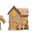 Wooden led christmas village house ornament featuring a charming light-up natural wood finish with glowing yellow accents