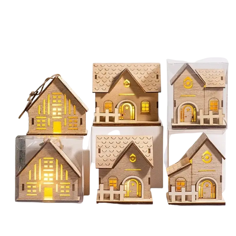 Wooden led christmas village house ornament with warm yellow led lights and intricate cut-out designs