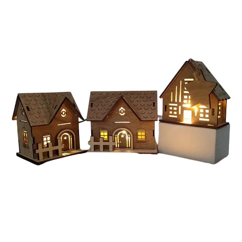 Three illuminated wooden led christmas village house ornaments with warm glowing cut-out windows and roofs