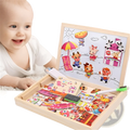 Wooden magnetic puzzle drawing board for kids with colorful cartoon character magnets and white chalkboard surface
