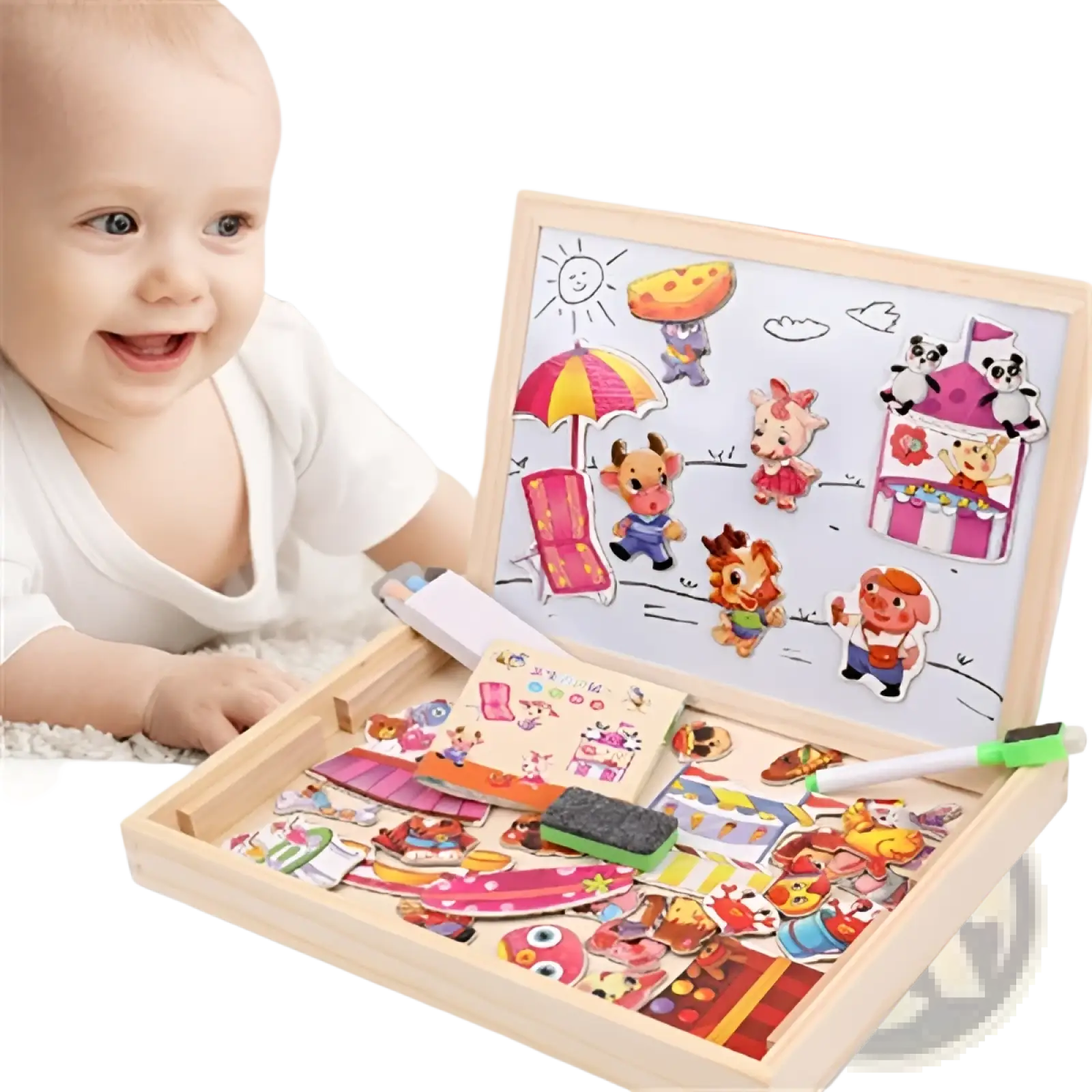 Wooden magnetic puzzle drawing board for kids with colorful cartoon character magnets and white chalkboard surface
