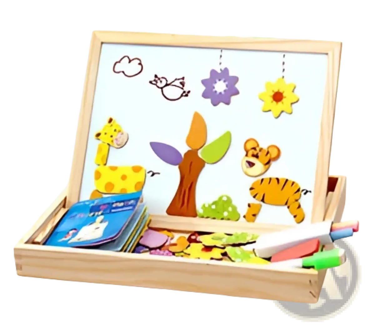 Wooden magnetic puzzle drawing board for kids with whiteboard surface colorful animal and nature-themed magnets and colorful markers