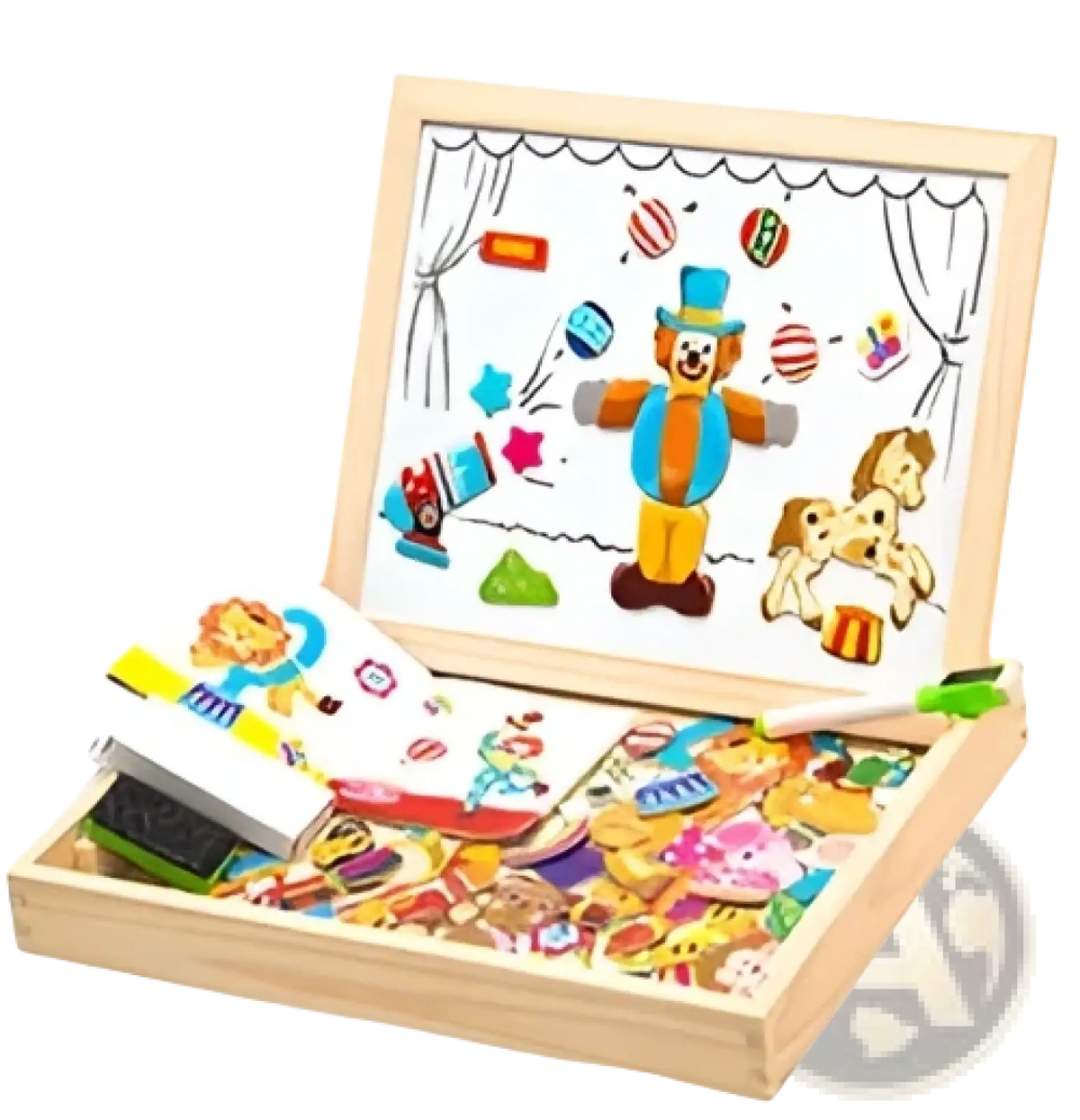 Wooden magnetic puzzle drawing board for kids with colorful cartoon character magnets and matching pieces