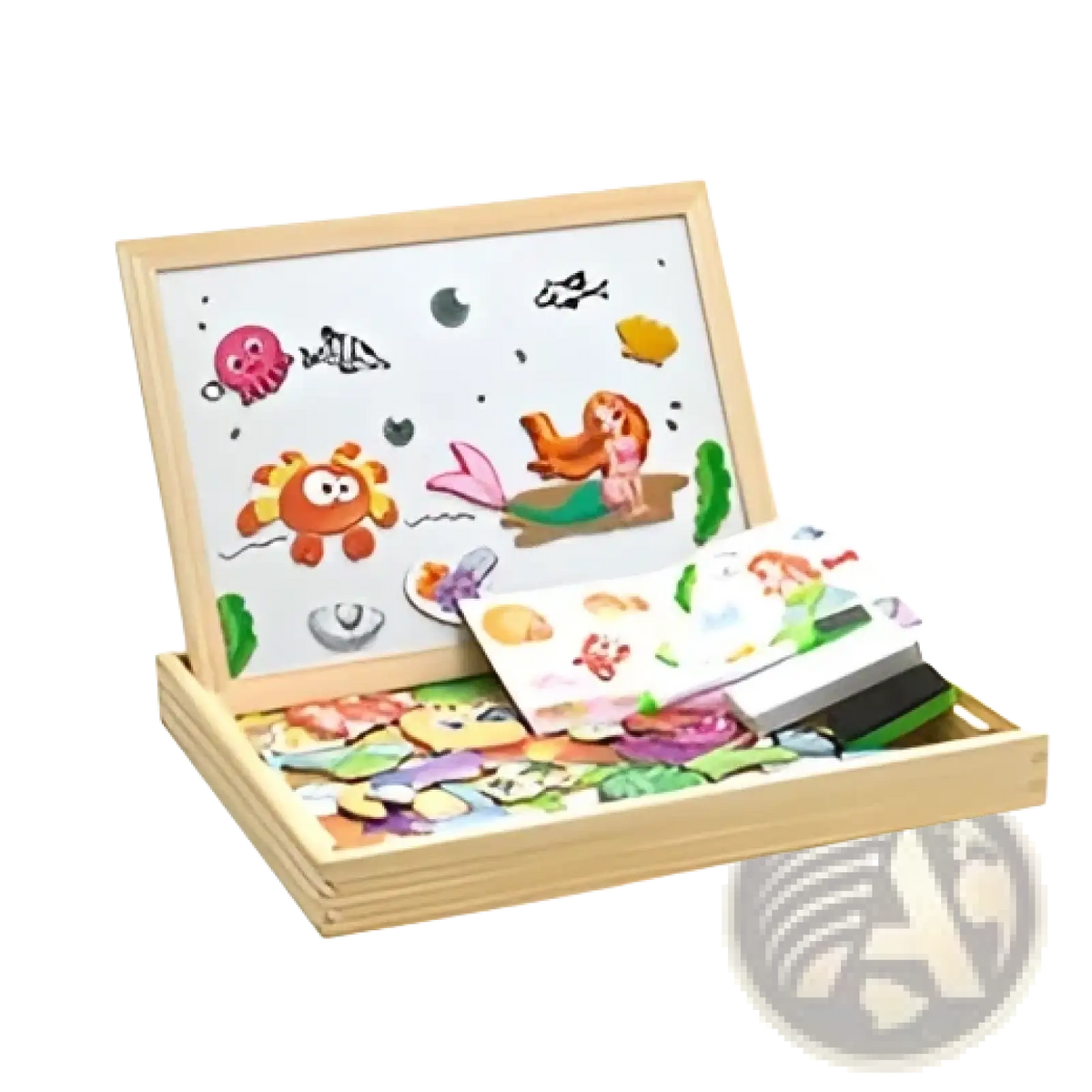 Wooden magnetic puzzle drawing board for kids with colorful animal and space-themed magnets on a natural wood base