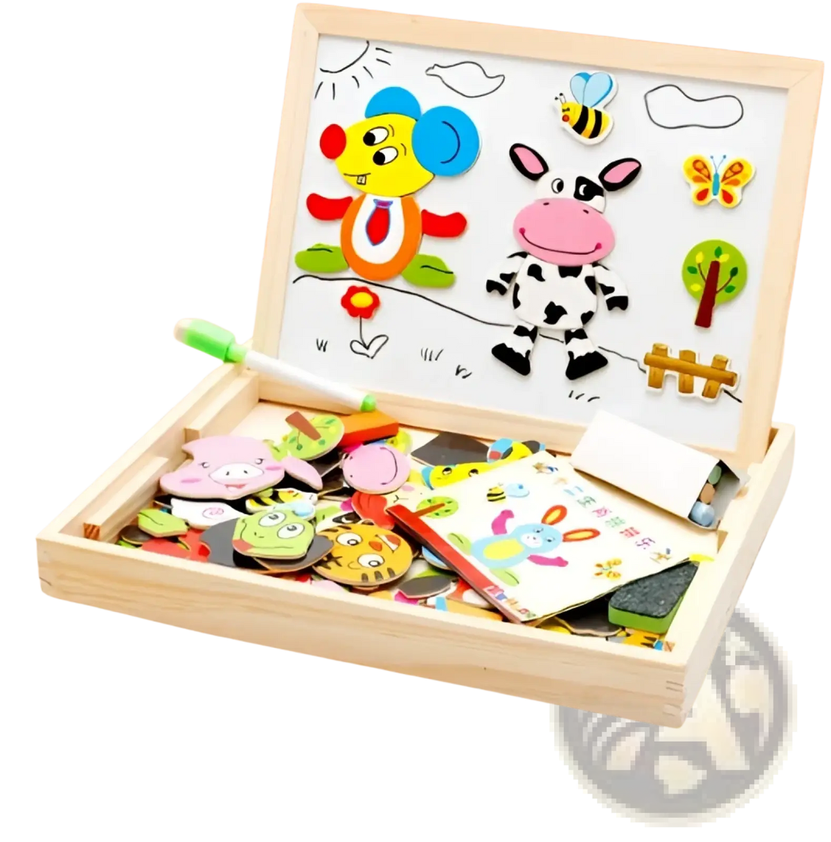 Wooden magnetic puzzle drawing board for kids with colorful animal magnets and a green marker inside