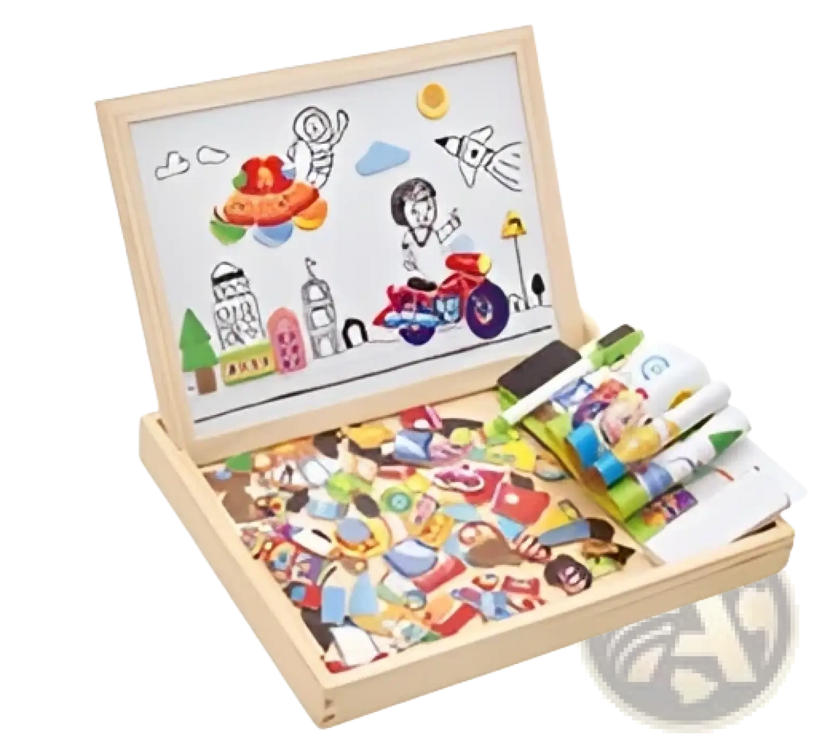 Wooden magnetic puzzle drawing board for kids with colorful crayons and character magnets for creative play