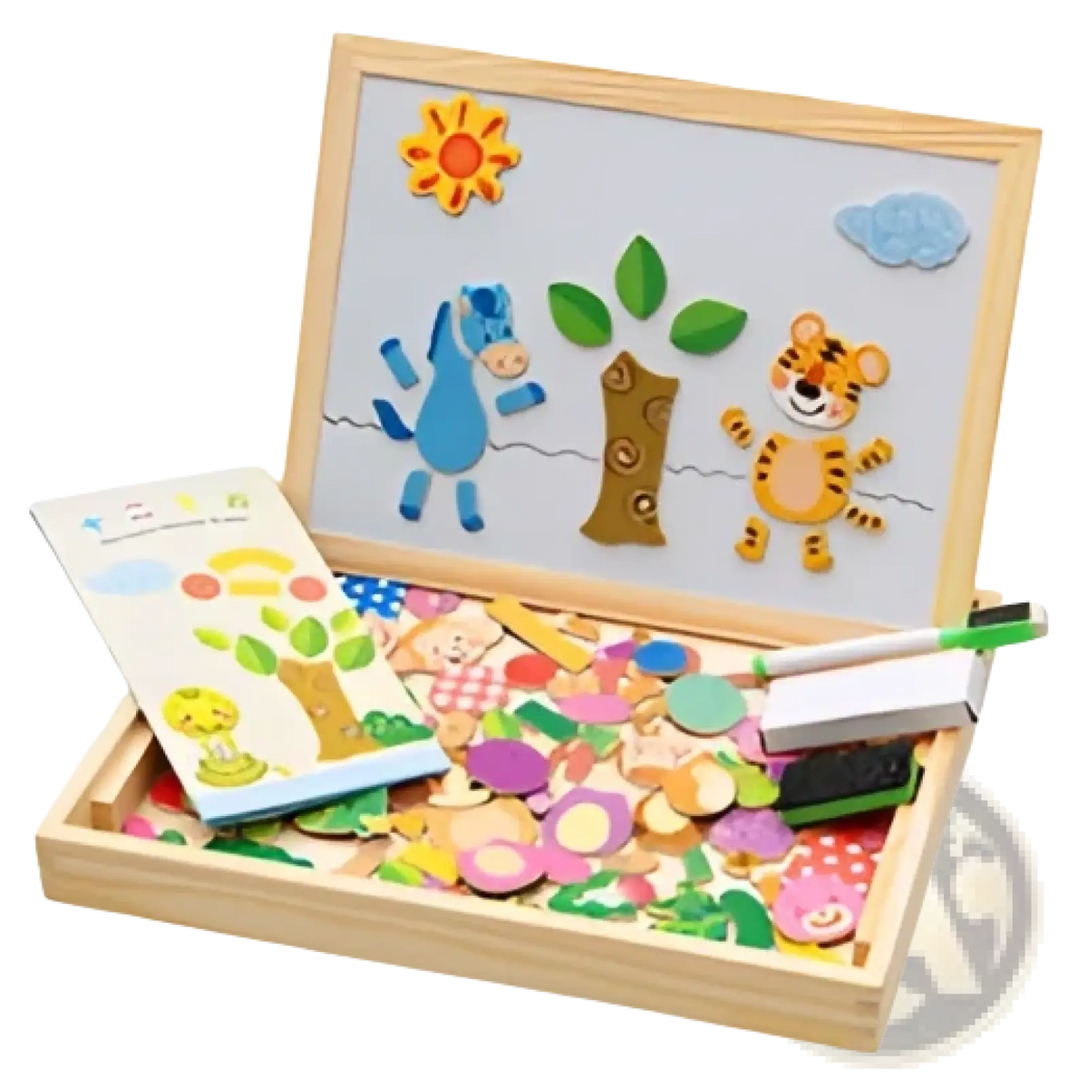 Wooden magnetic puzzle drawing board for kids with colorful animal magnets, nature theme, small instruction book, and green marker