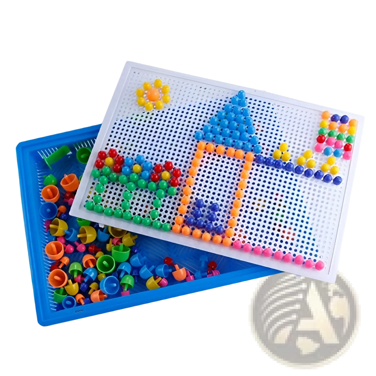 Colorful plastic bead pegboard art set with completed castle design featured on wooden magnetic puzzle drawing board for kids