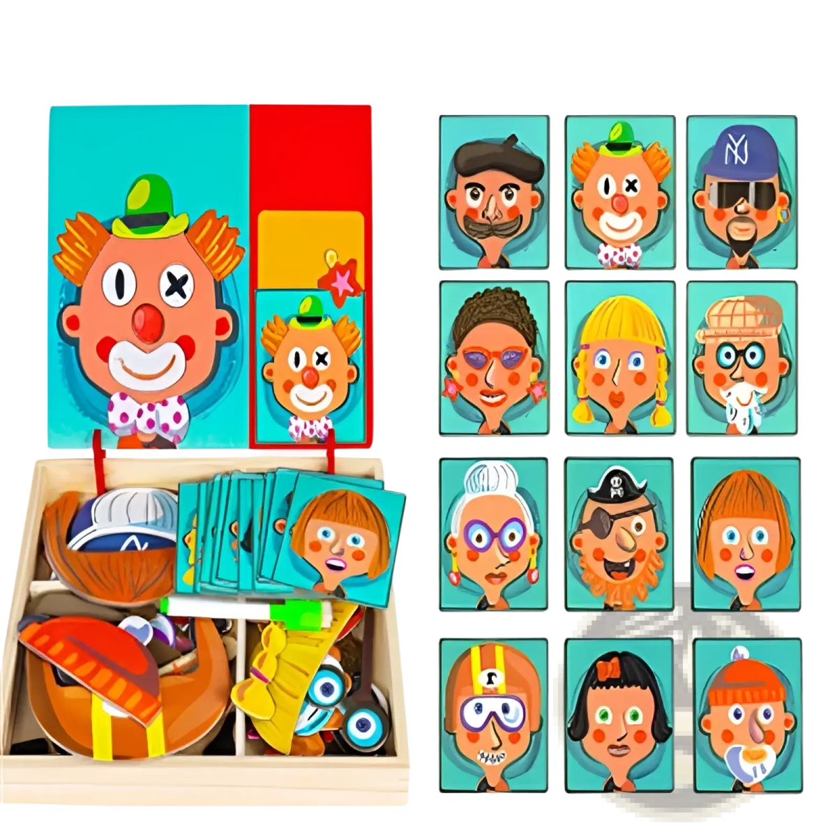 Wooden magnetic puzzle drawing board for kids with colorful cartoon character face pieces in a wooden box