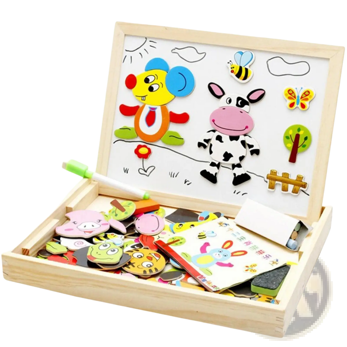 Colorful wooden magnetic animal puzzle set in a wooden box with a whiteboard surface for kids drawing and play