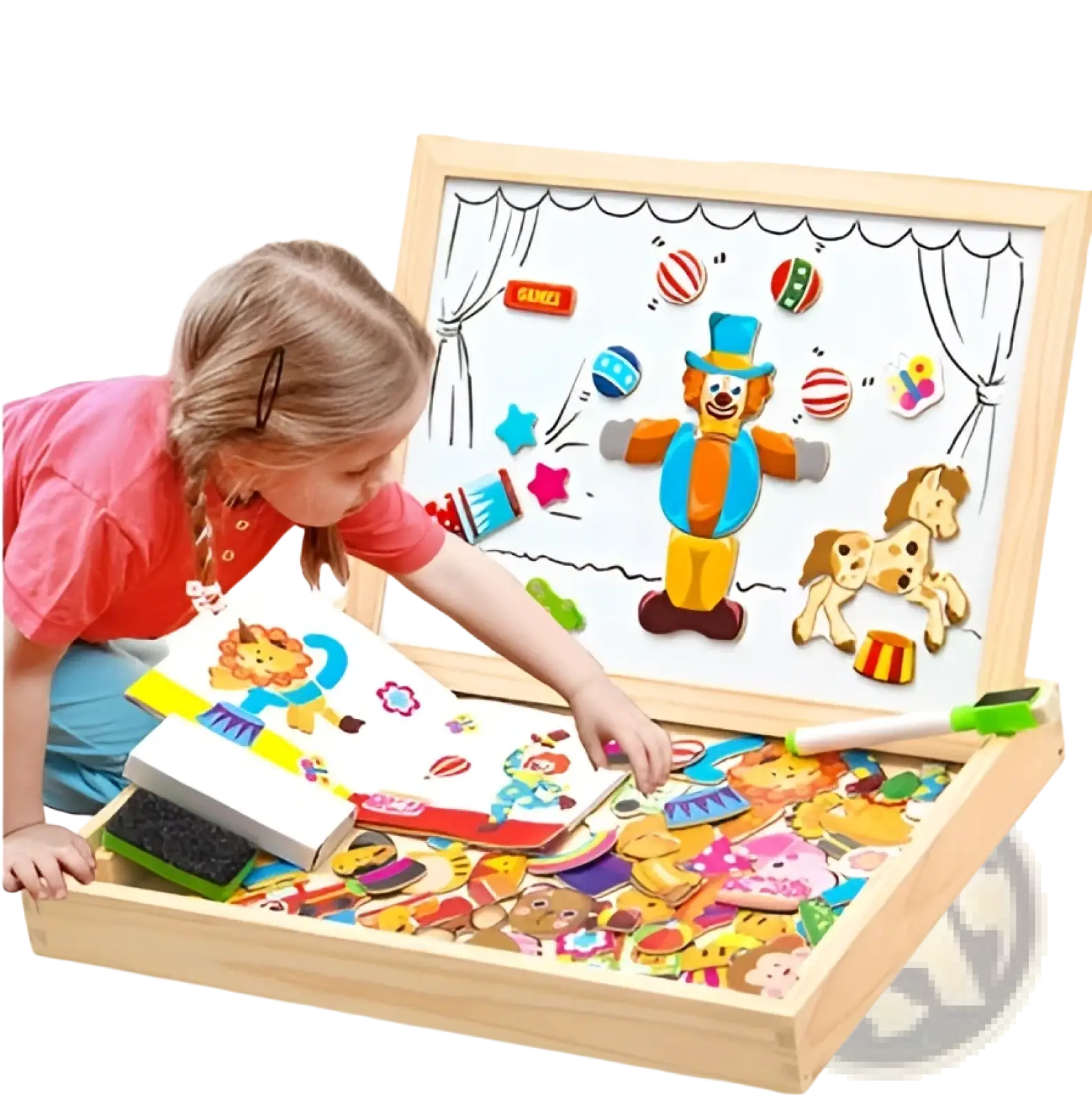 Wooden magnetic puzzle drawing board for kids with colorful clown and animals design and assorted magnetic pieces