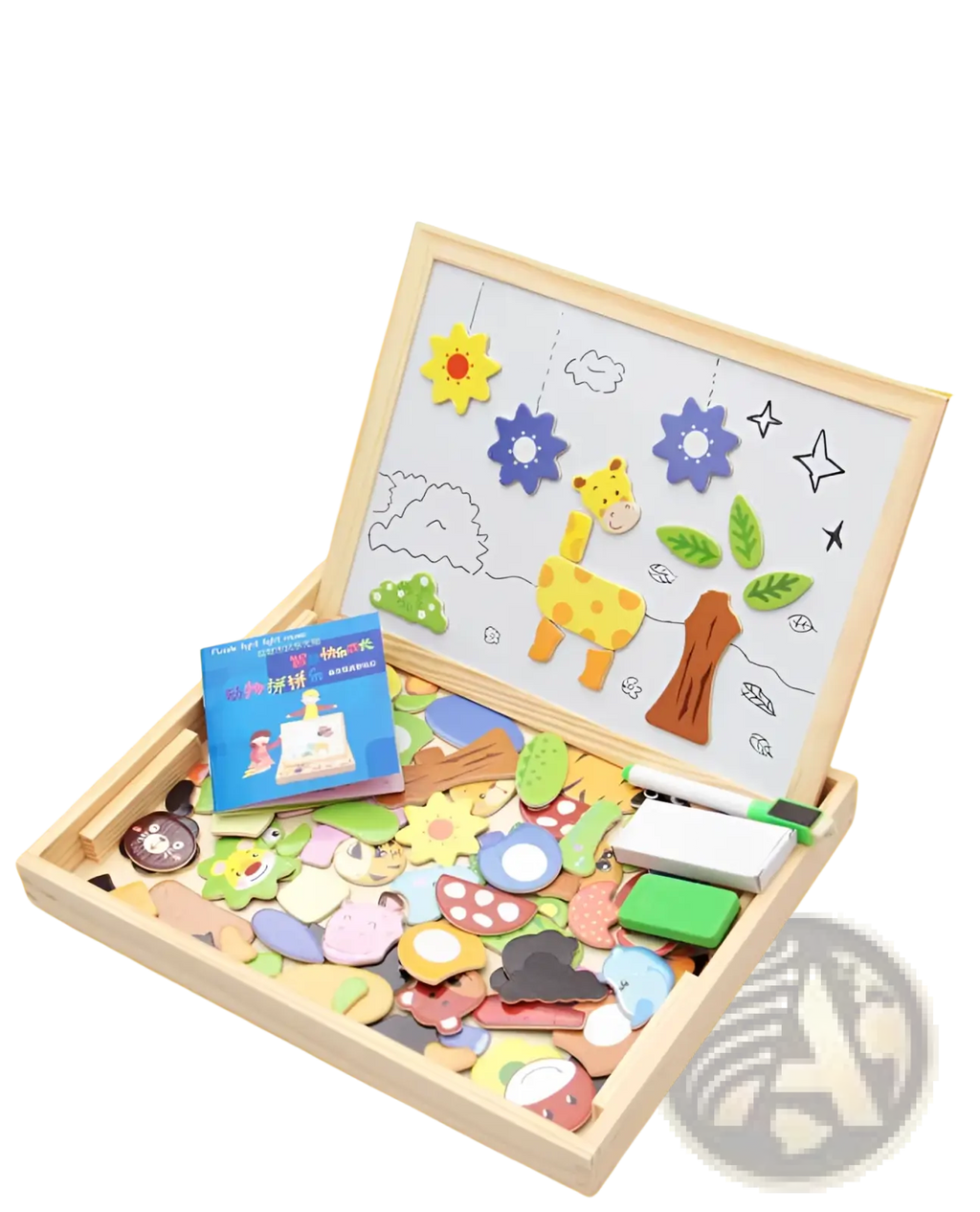 Wooden magnetic puzzle drawing board for kids with colorful animal and nature-themed magnets in wooden tray