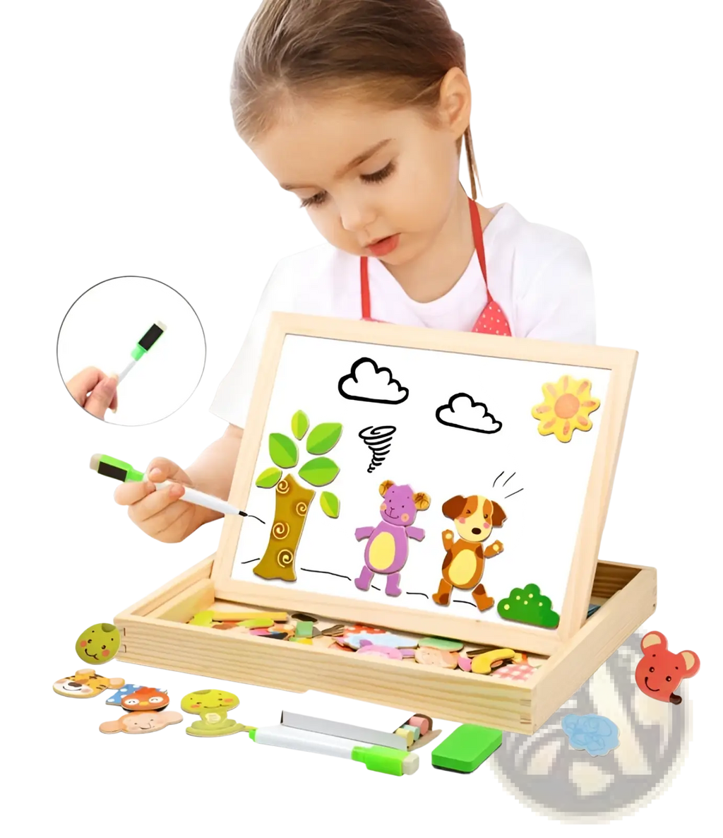 Wooden magnetic puzzle drawing board for kids with colorful animal and nature-themed magnetic pieces scattered around