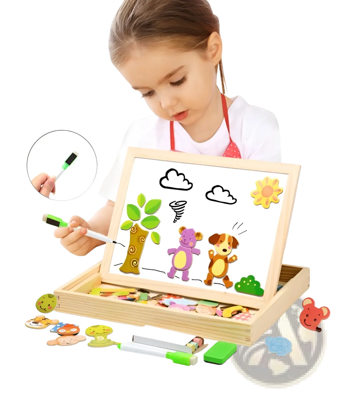 Wooden magnetic puzzle drawing board for kids with colorful animal and nature-themed magnetic pieces scattered around