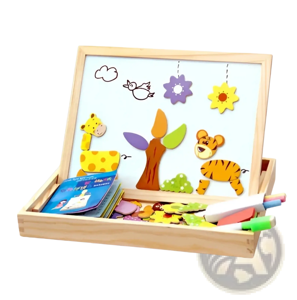 Wooden magnetic puzzle drawing board for kids with colorful animal and nature-themed magnets in a matching wooden tray