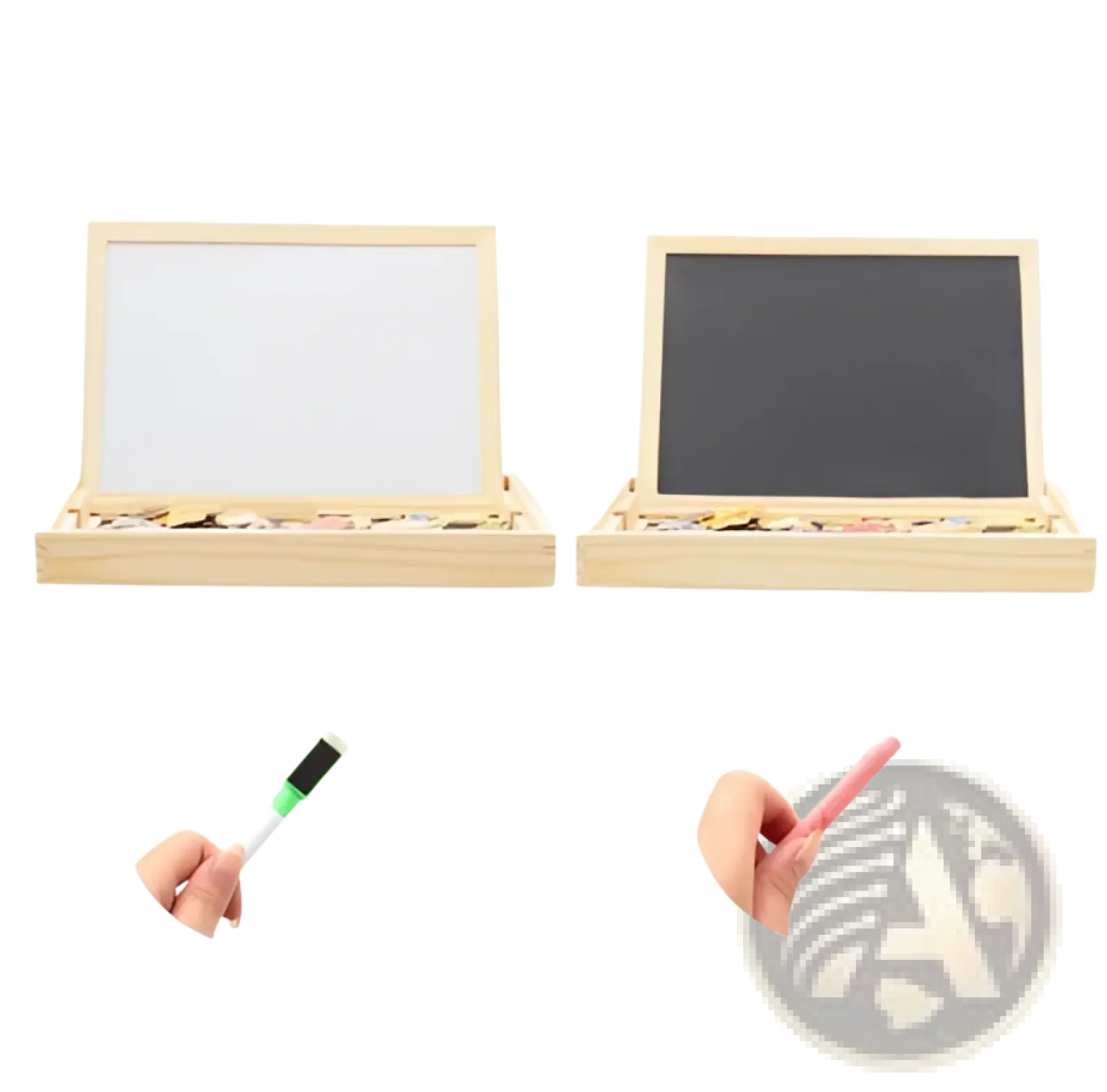 Wooden magnetic puzzle drawing board for kids featuring white and black magnetic dry erase boards with markers
