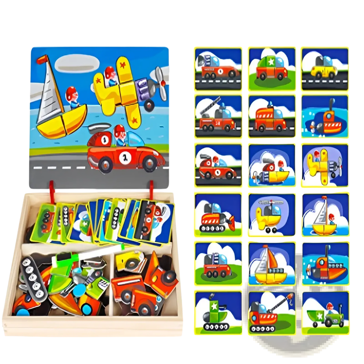 Wooden magnetic puzzle drawing board for kids featuring colorful cartoon vehicle pieces in a light wood box with picture board