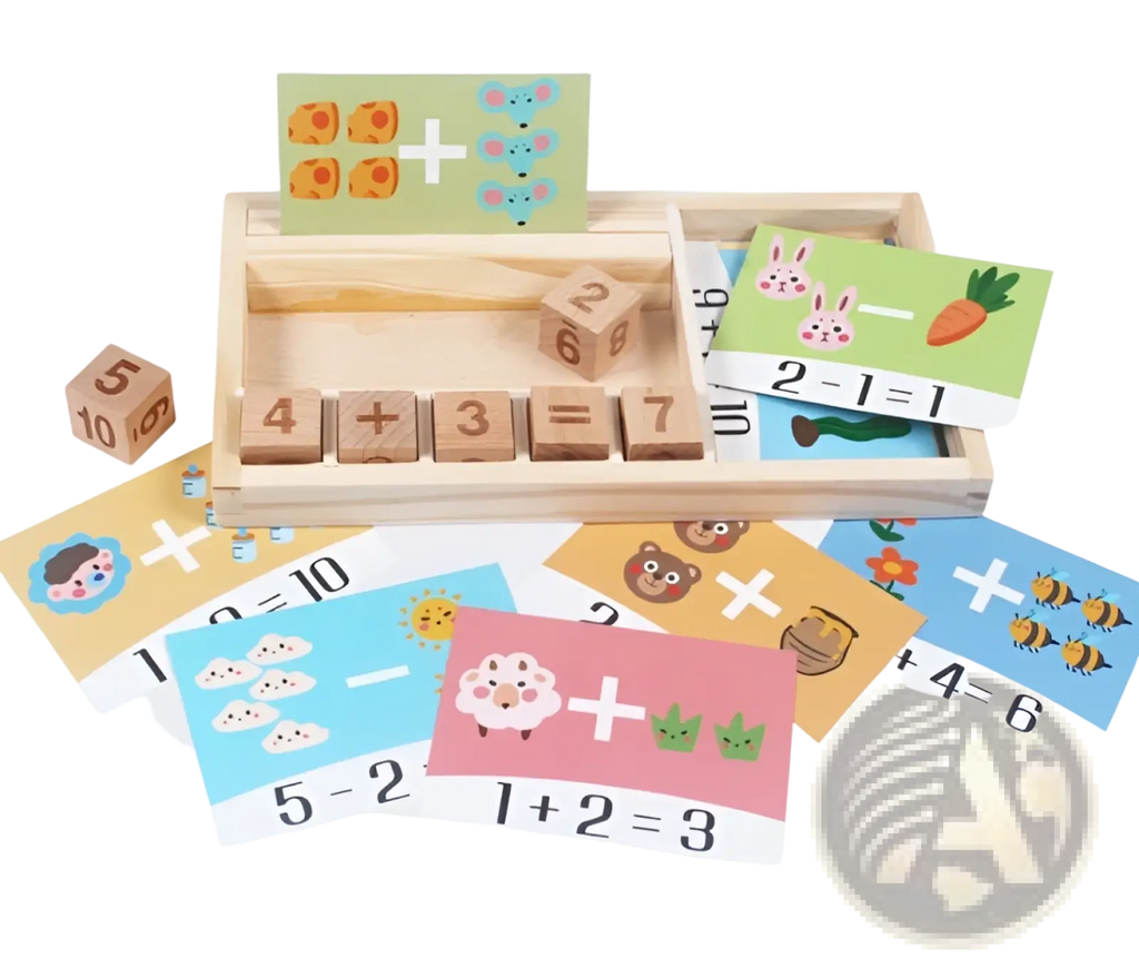 Wooden math learning set with colorful illustrated cards and numbered blocks for addition practice