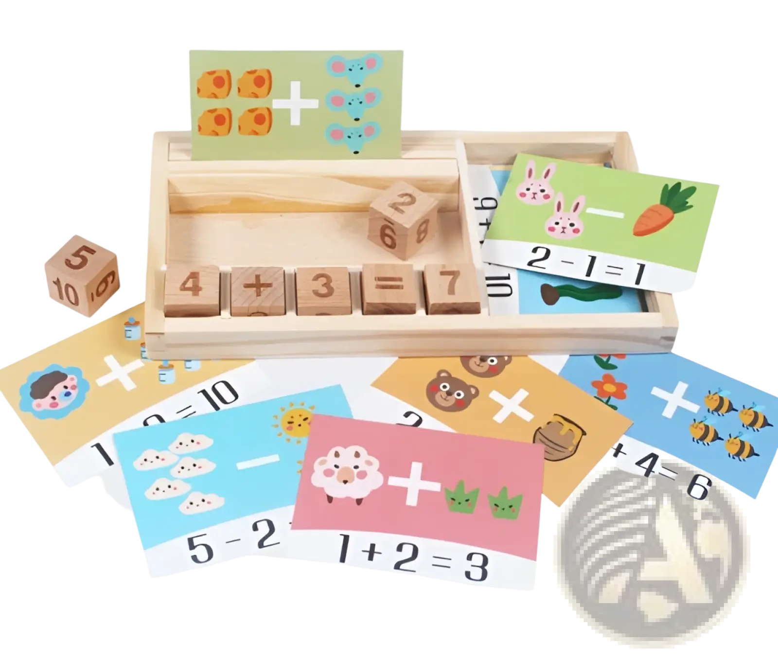 Wooden math learning set with colorful illustrated cards and numbered blocks for addition practice