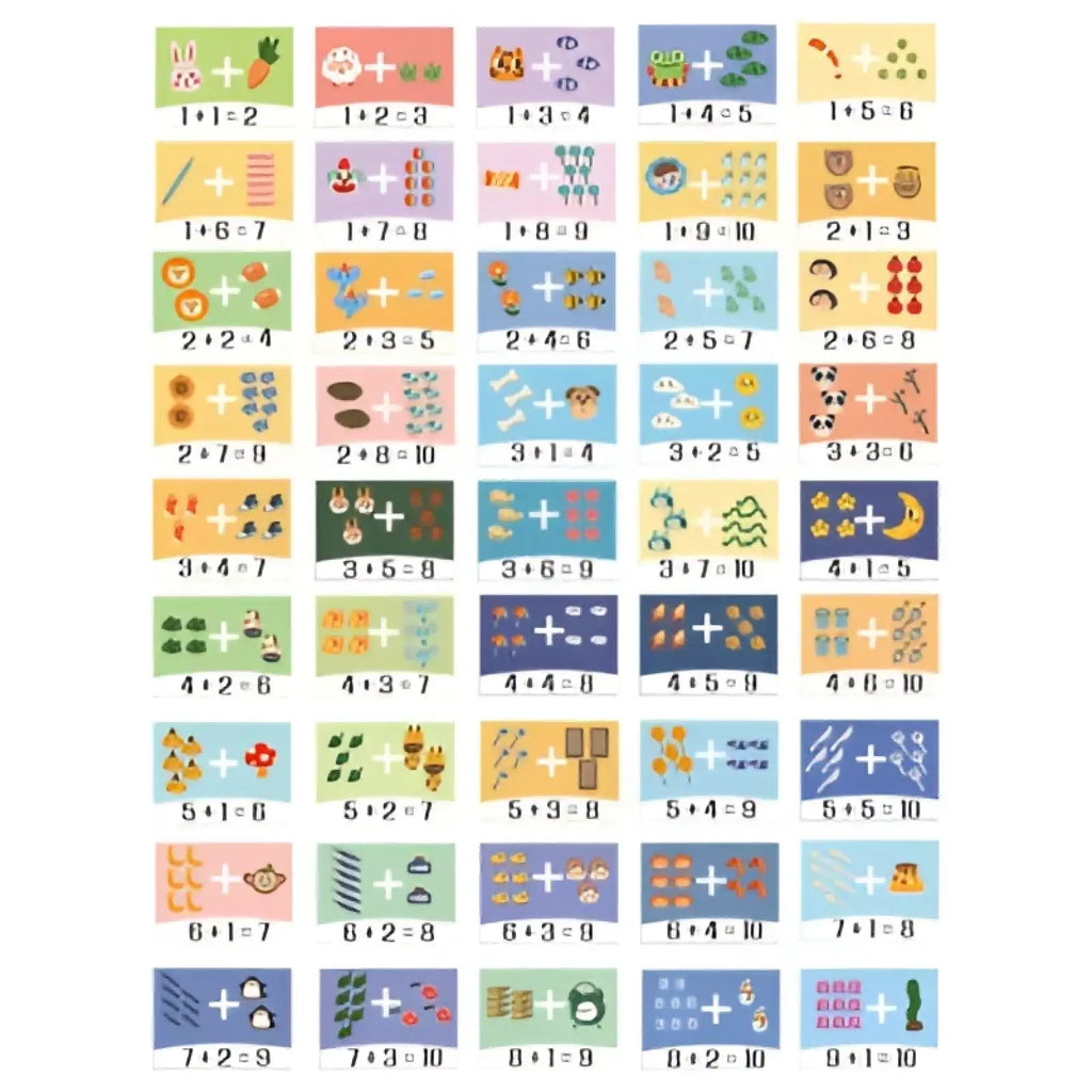 Wooden math learning set with colorful cartoon addition blocks and a math addition chart on a grid background