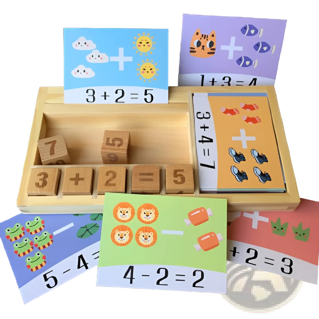 Wooden math learning set with colorful cards and natural wood addition blocks for educational use
