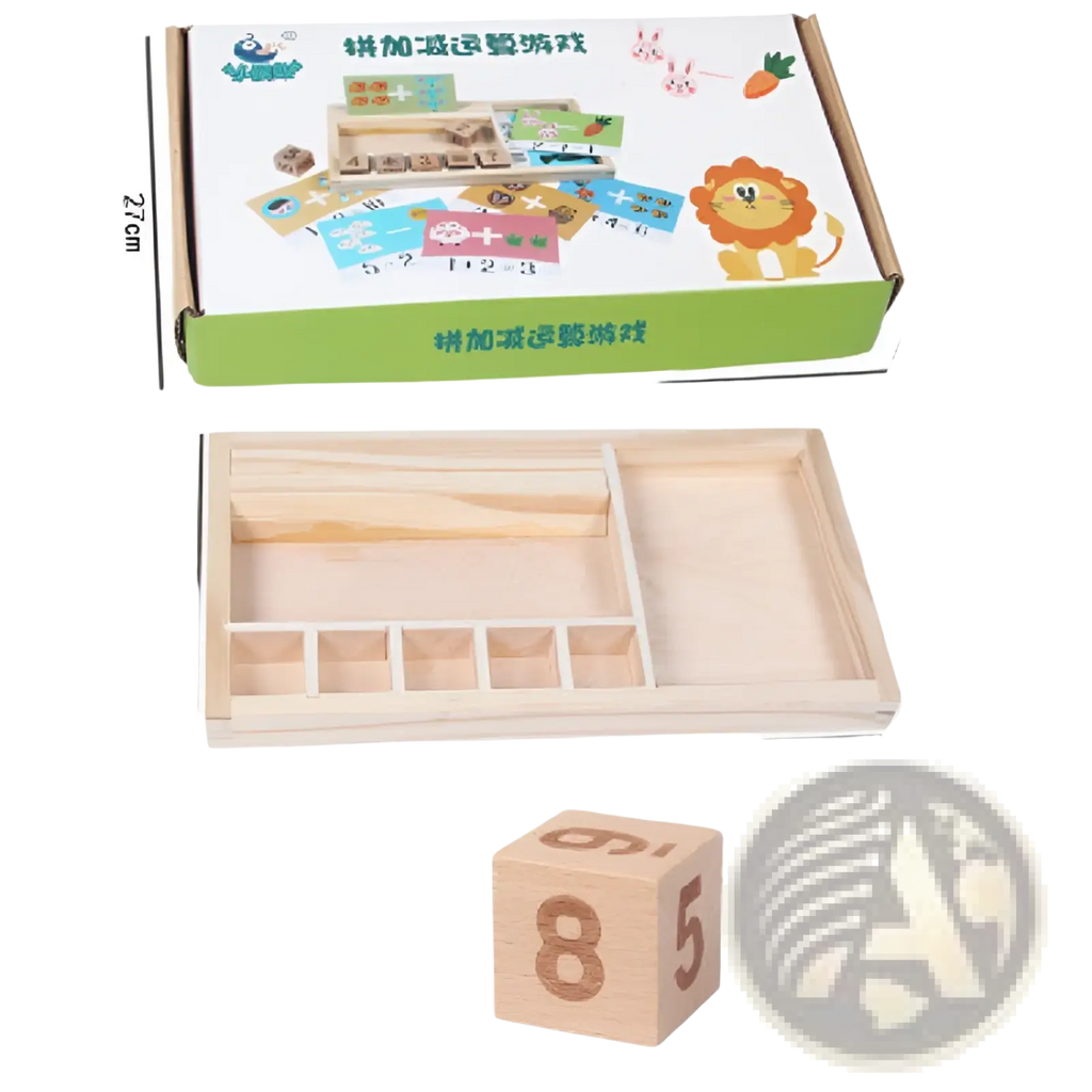 Wooden math learning set with colorful addition cards and numbered blocks in light natural wood finish