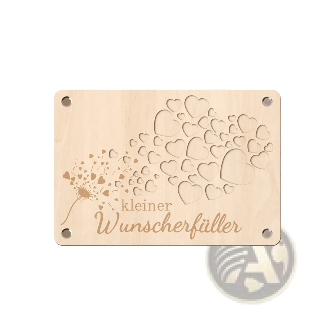 Wooden money gift card dandelion wish plaque in light wood with engraved dandelion blowing heart seeds and text kleiner wunscherfüller