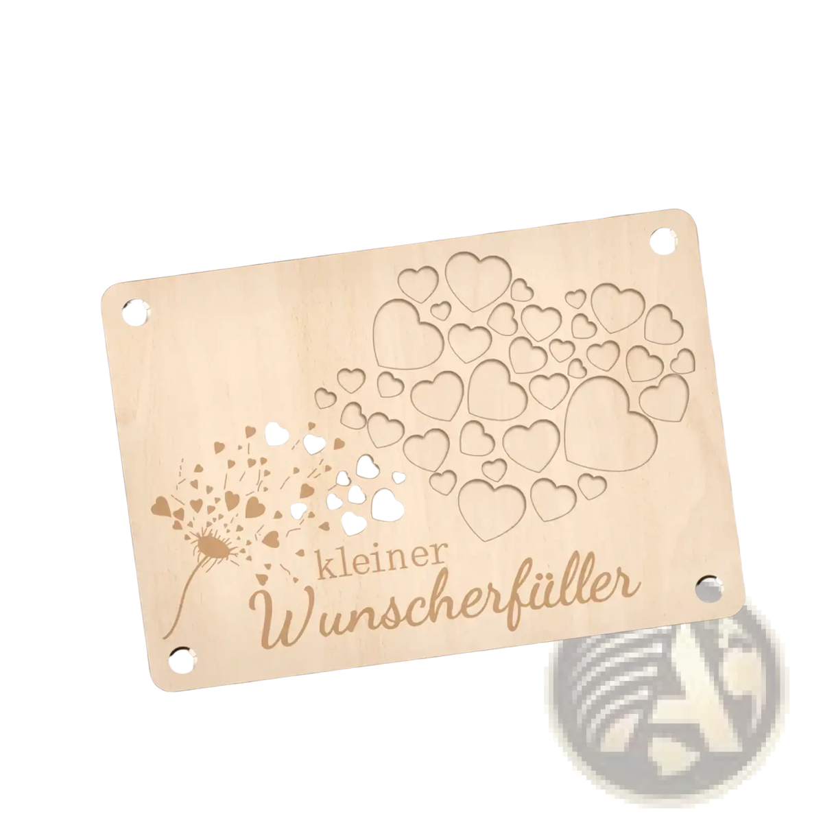 A light-colored wooden money gift card plaque with laser-engraved dandelion hearts and german text kleiner wunscherfüller