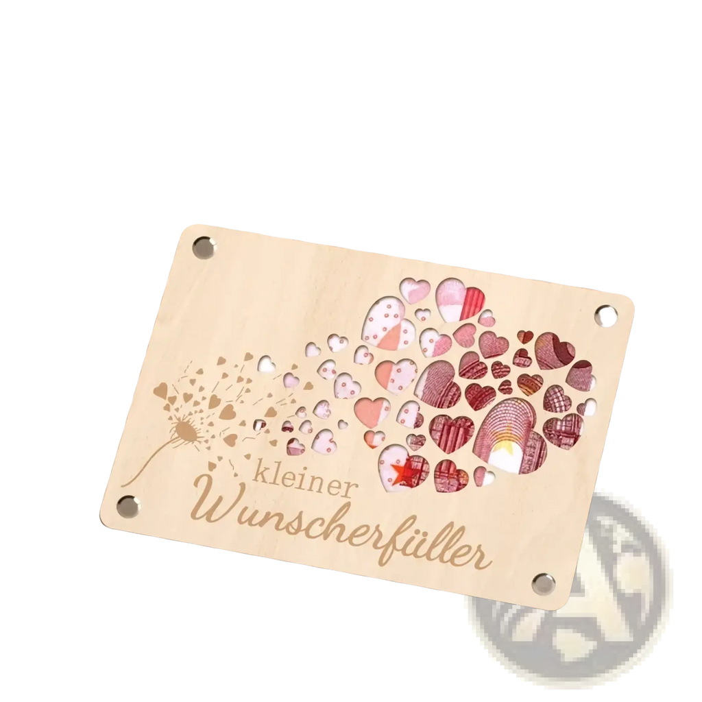 Wooden money gift card dandelion wish plaque with light wood, red and pink laser-cut hearts, and german engraving kleiner wunscherfüller
