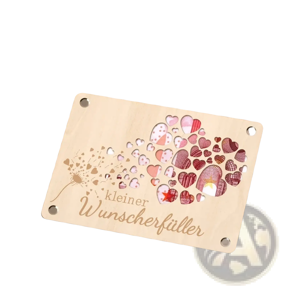 Wooden money gift card dandelion wish plaque with light wood, red and pink laser-cut hearts, and german engraving kleiner wunscherfüller