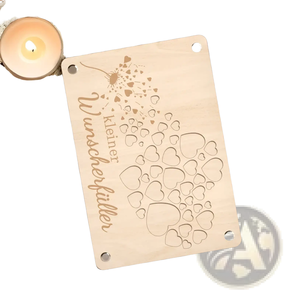 A light-colored wooden money gift card plaque with laser-engraved hearts and the german phrase kleiner wunschhelden