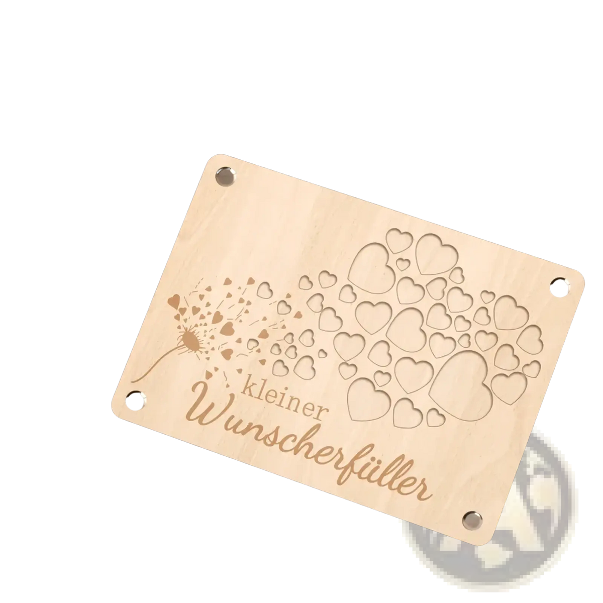 A light-colored wooden money gift card plaque with laser-engraved dandelion hearts and german text kleiner wunscherfüller