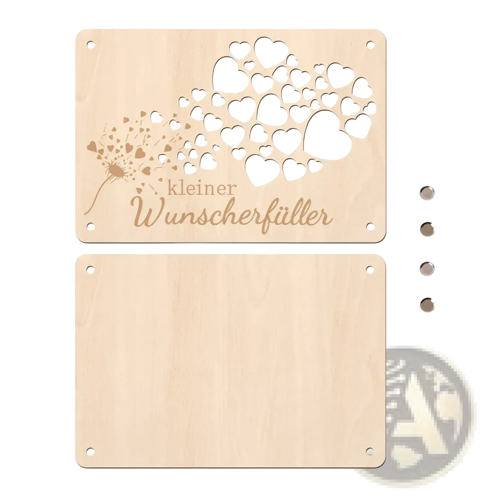 Light-colored wooden money gift card plaque with laser-engraved dandelion heart design and german text kleiner wunscherfüller