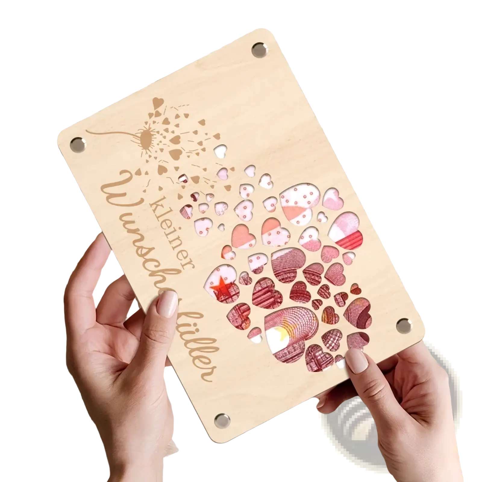 Light wood laser-cut wooden money gift card dandelion wish plaque with layered pink red patterned paper inserts