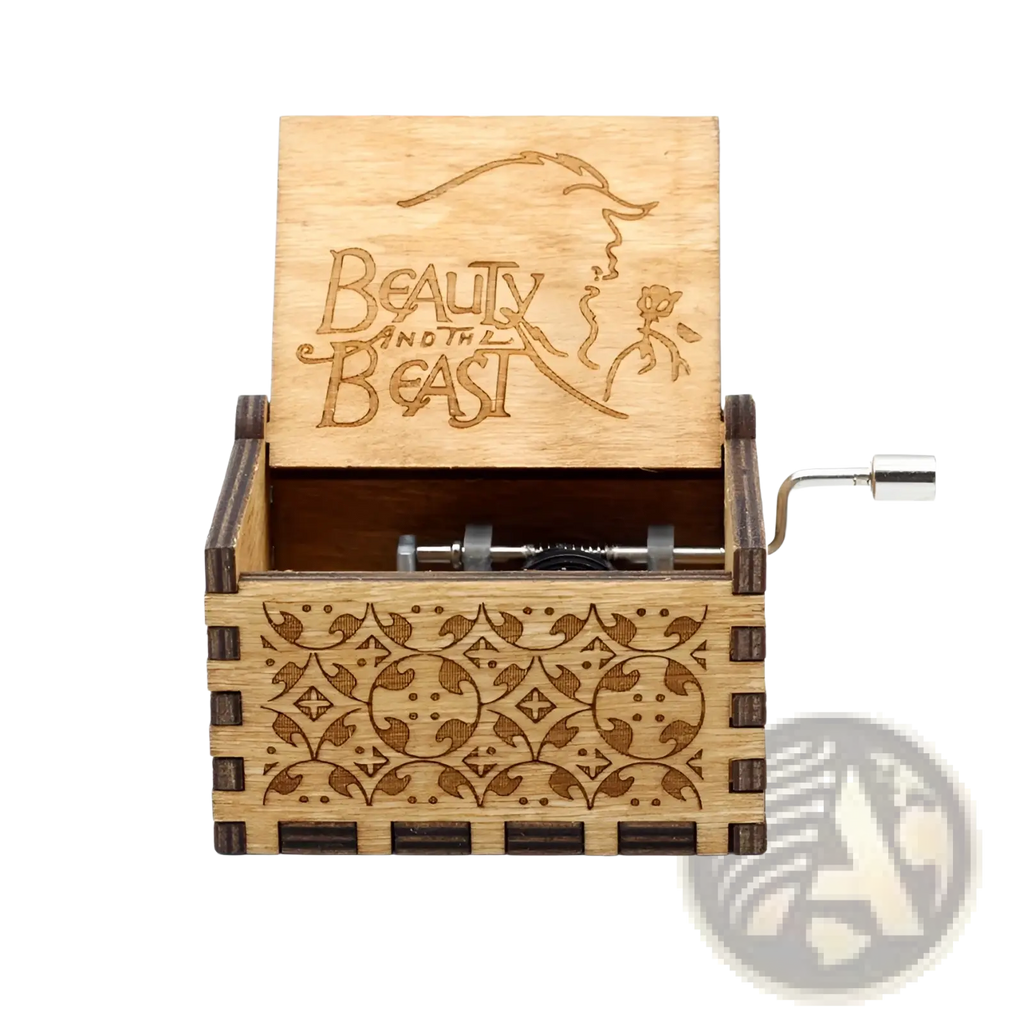 A light wood-colored wooden music box with hand crank and carved beauty and the beast design on the lid
