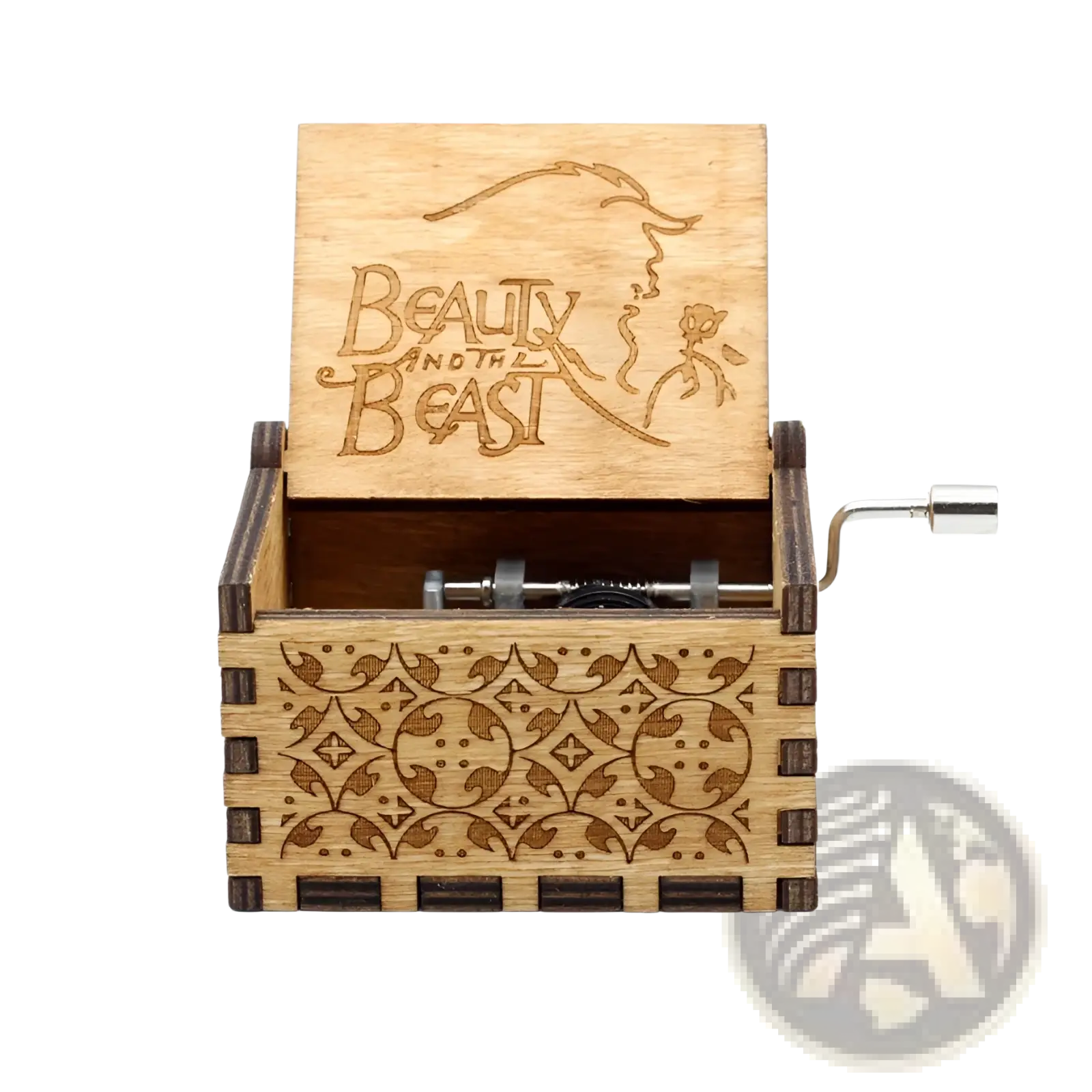 A light wood-colored wooden music box with hand crank and carved beauty and the beast design on the lid
