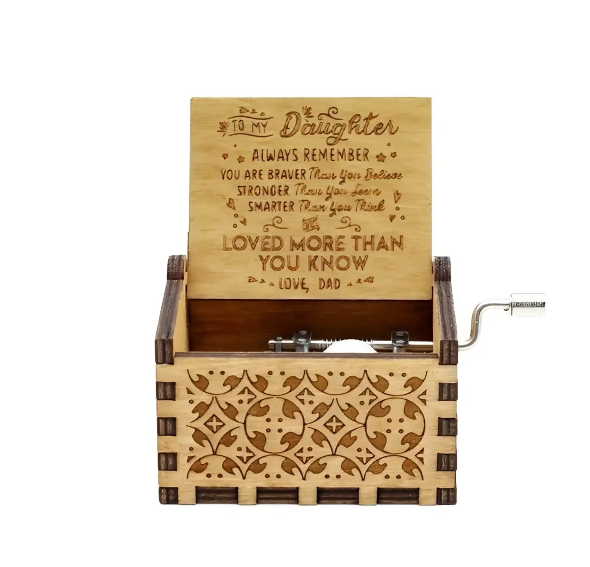 A light wood wooden music box with hand crank carved themes and an engraved heartfelt message on the lid