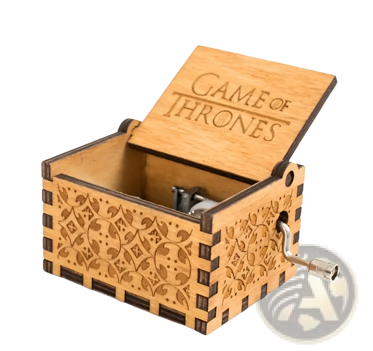 Wooden music box with hand crank featuring intricate Game of Thrones engraved patterns and a silver handle