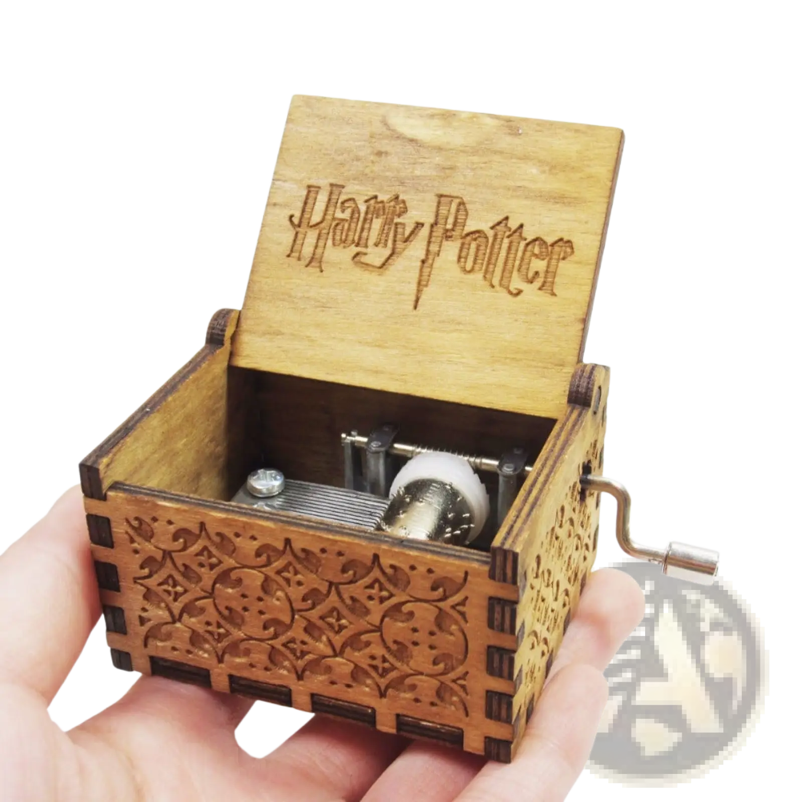 Wooden harry potter music box with intricate carvings and hand crank mechanism in natural wood finish