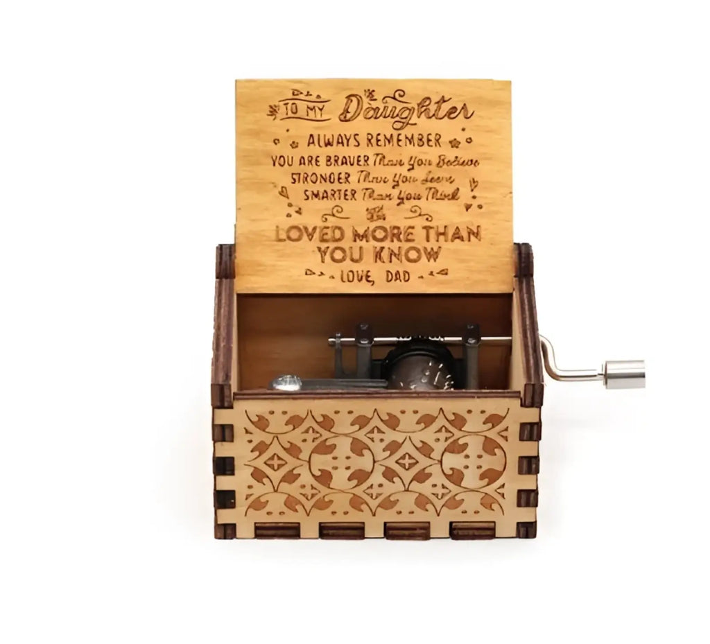 Wooden music box with hand crank and hand carved lid inscribed to my daughter with floral side patterns