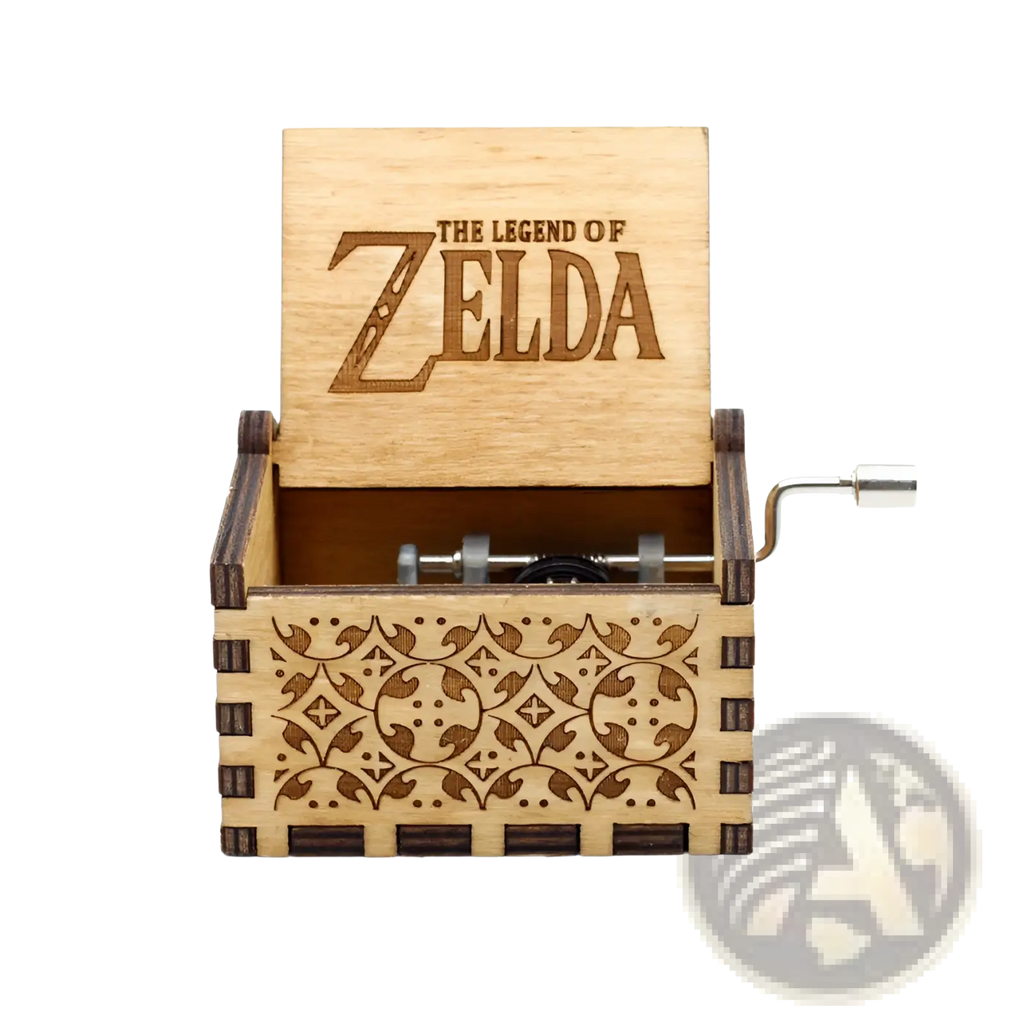 A light wood-colored wooden music box with intricate dark brown carved patterns and a silver hand crank handle