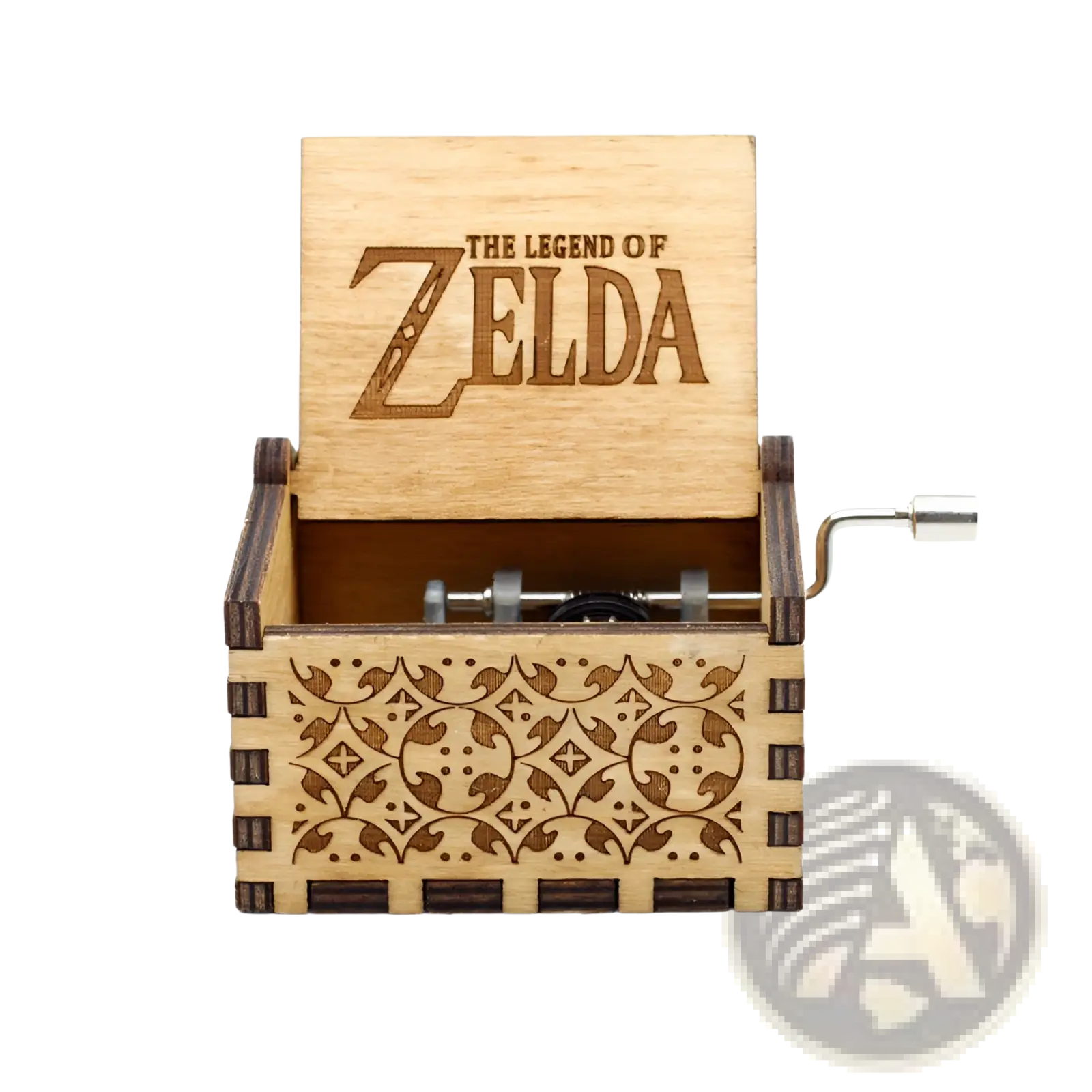 A light wood-colored wooden music box with intricate dark brown carved patterns and a silver hand crank handle