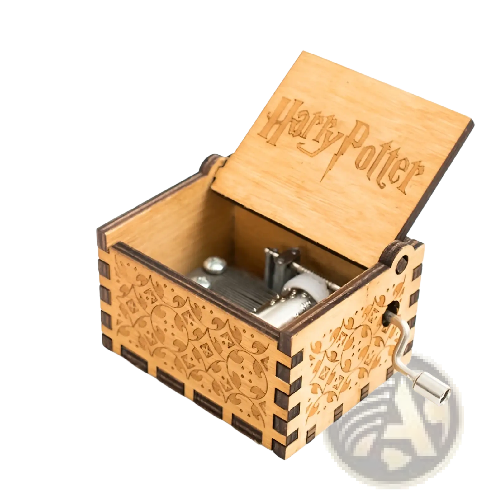 Wooden music box with hand crank carved with harry potter themes made of light wood with intricate engravings