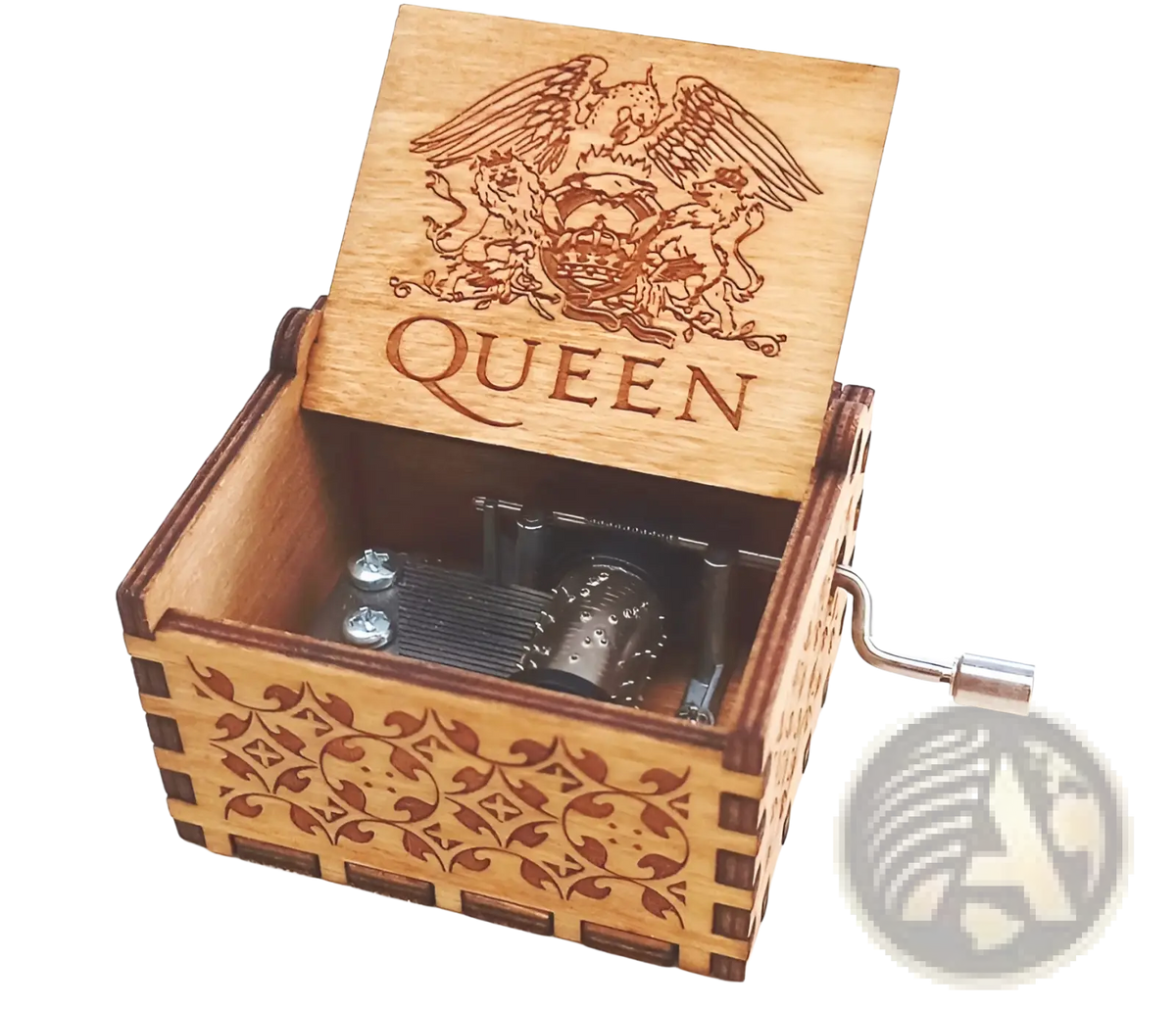 Wooden music box with hand crank carved themes featuring intricate laser-engraved designs on a queen wood surface