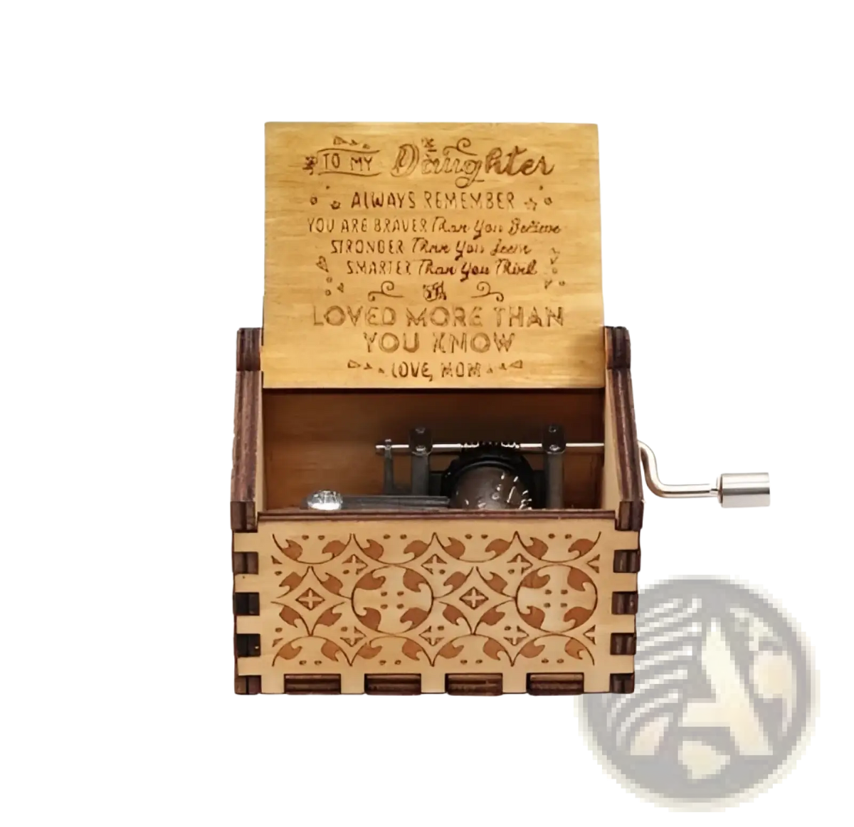 Wooden music box with hand crank carved themes light brown finish and engraved to my daughter message inside lid