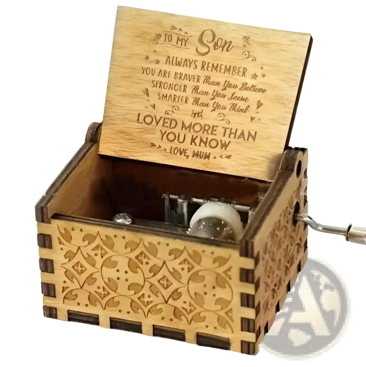 A light brown wooden music box with hand crank carved patterns and a personalized engraving to my son