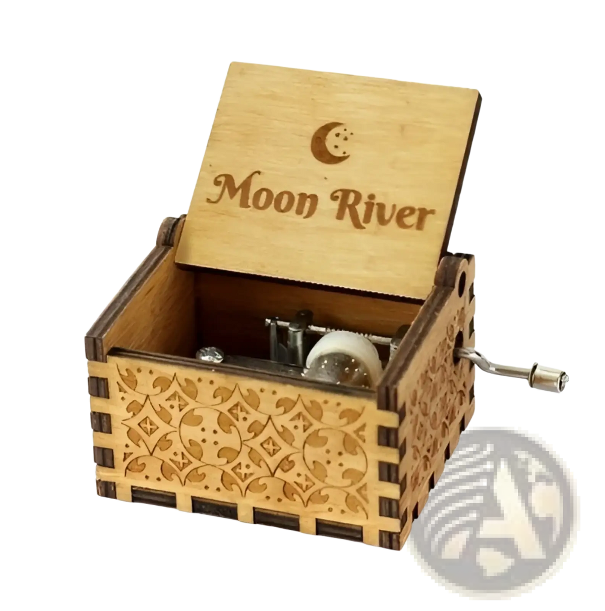 Wooden music box with hand crank carved floral themes in light wood featuring moon river design and intricate details